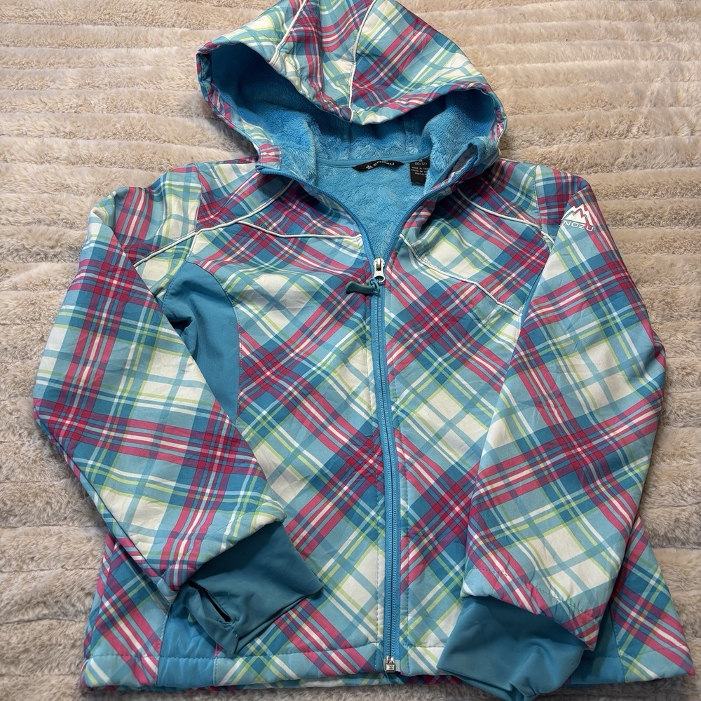 Snozu Girls Softshell‎ Jacket w/ Faux Fur Lining White Candy Plaid Medium 10/12